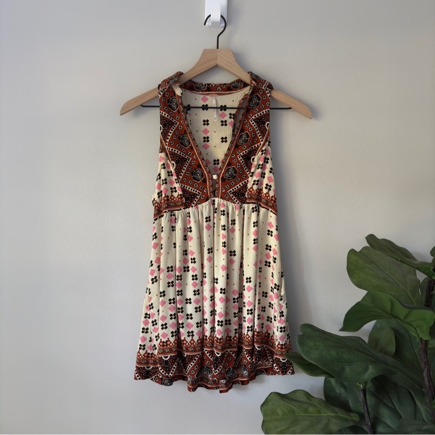 Free People Charlotte Tunic Top Tribal Print Boho Bohemian Collared Button Neck