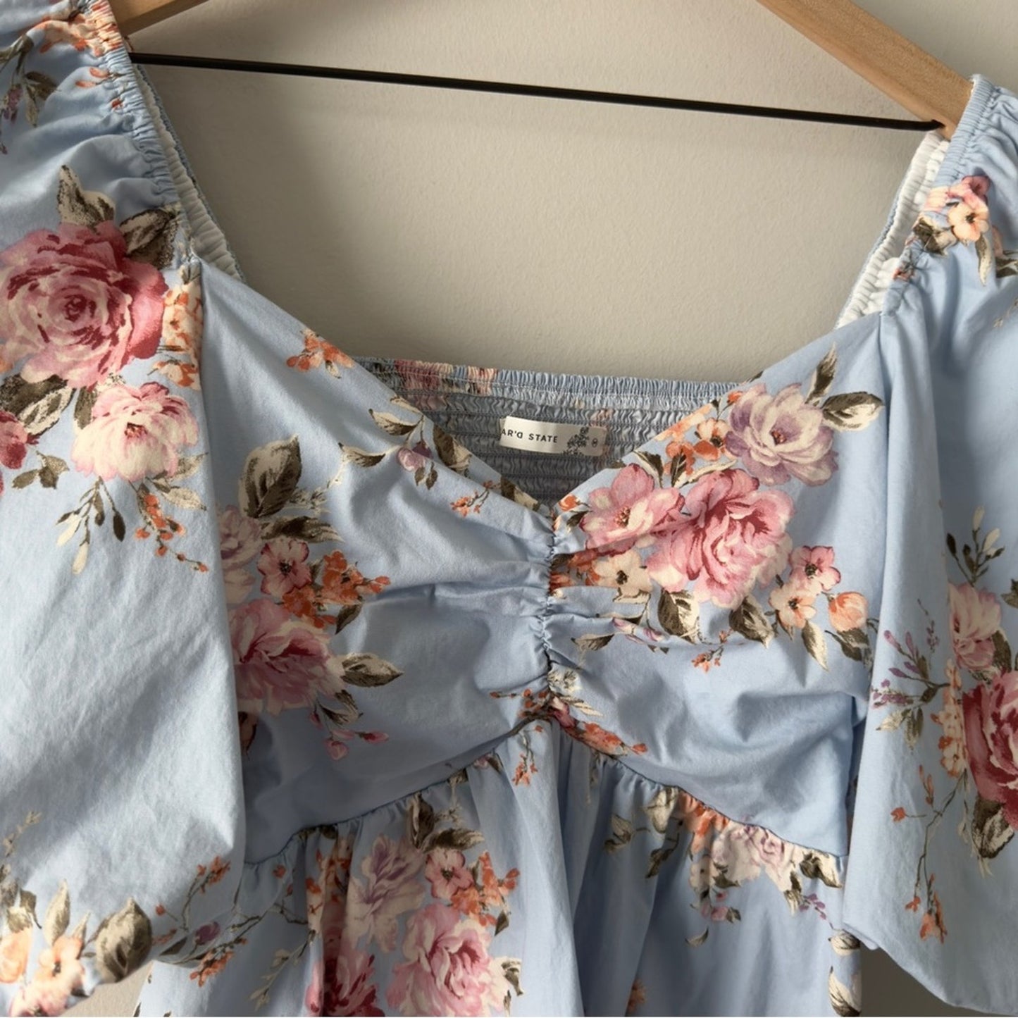 Altar’d State Floral Blue Puff Sleeve Mini Dress Scoop Neck Cutout Smocked Back