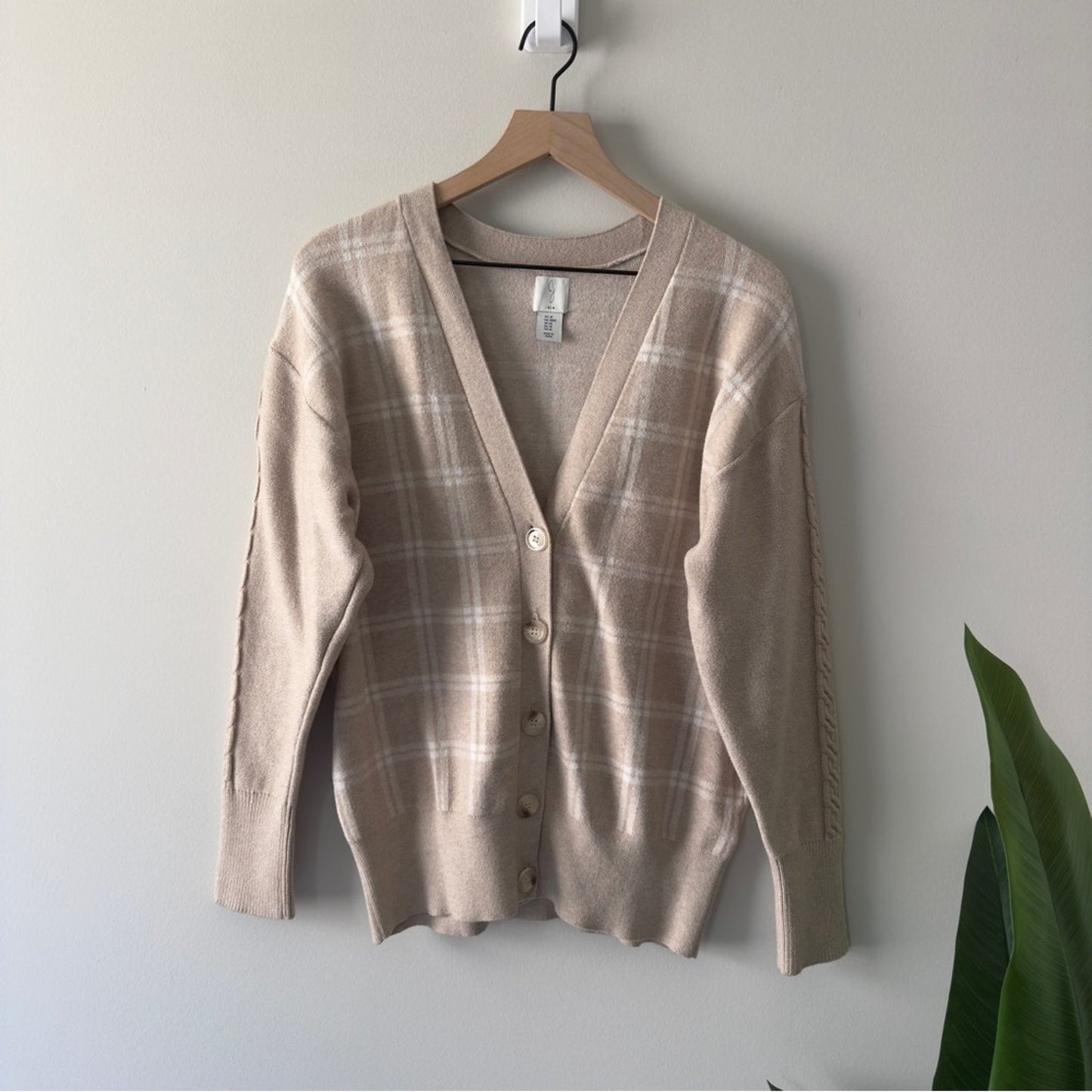 Joie Beige Plaid Cardigan long sleeve cable knit accent button down front