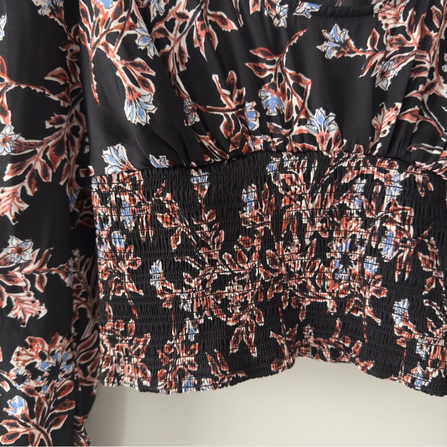 Free People Santiago Top Floral Cropped puff long sleeve buttons smocked ruched