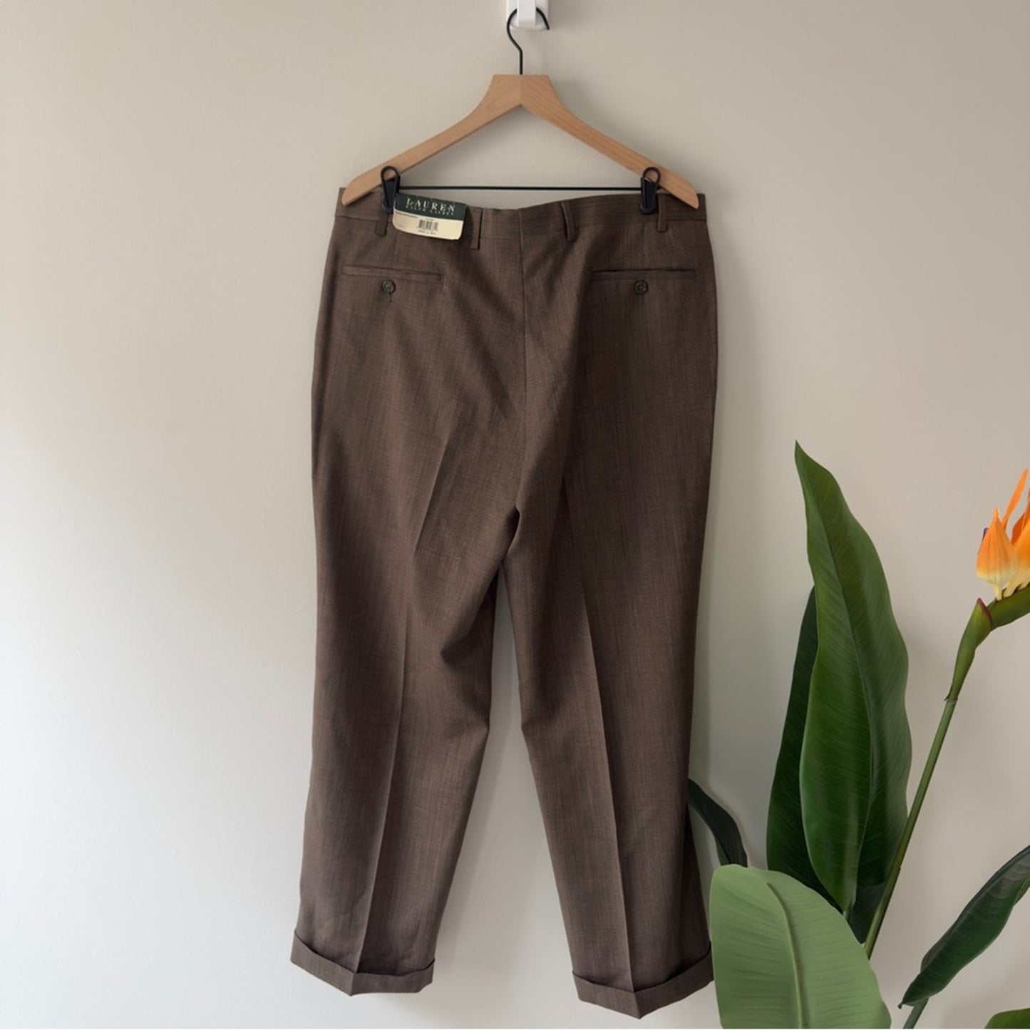 Vintage Lauren Ralph Lauren 100% Wool Dress Pants Brown Rolled Hem Pleated 90s
