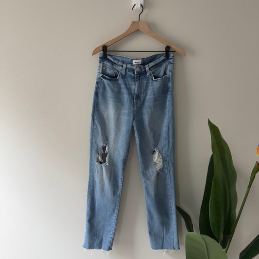 Hudson High Rise Zoeey Straight Crop Jeans raw hem distressed knees zip pockets