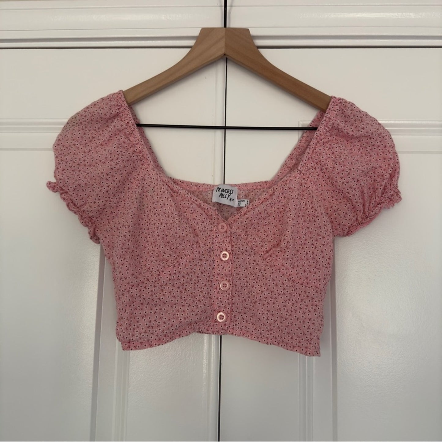 Princess Polly puff sleeve floral crop top button down front cotton blend smock