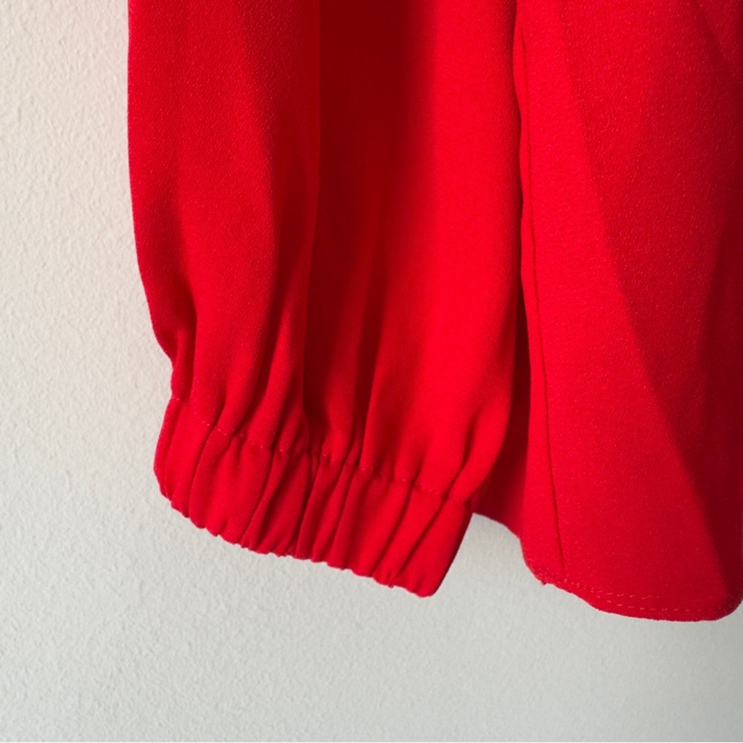 Pomander Place Carlota Peplum Blouse in Red Long Sleeve Top Ruched Flowy Keyhole