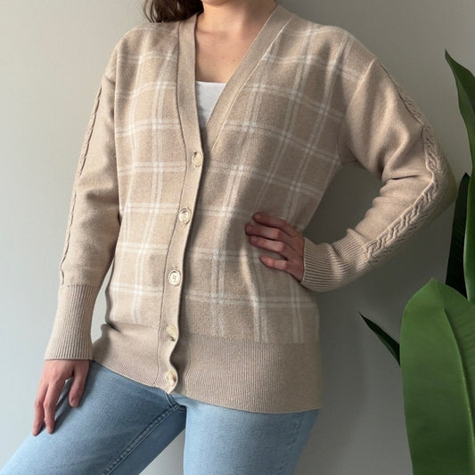 Joie Beige Plaid Cardigan long sleeve cable knit accent button down front