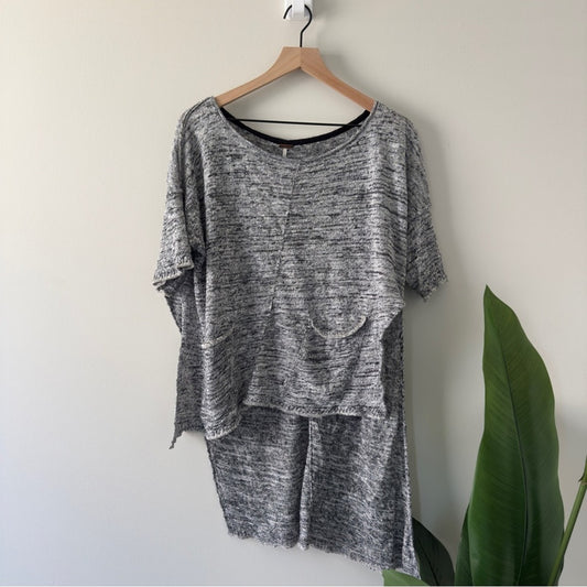 Free People Melange Knit High Low Top Short Sleeve Slit Gray White Oversized EUC
