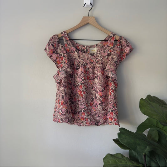 Maeve Anthropologie Cold Shoulder Top Short Sleeve Floral Print Button Keyhole S