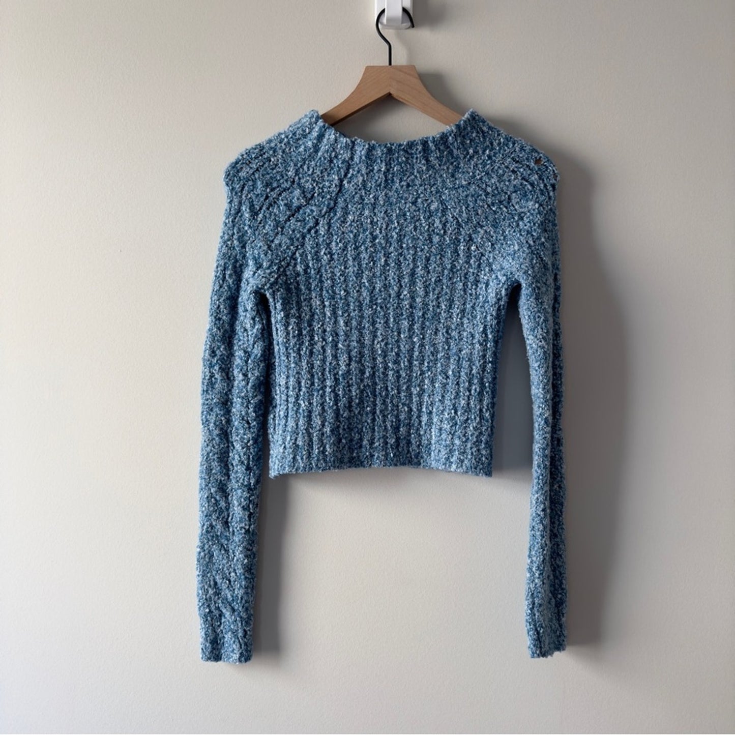 Free People Avalon Cropped Pullover Sweater in Blue Marine Long Sleeve open knit