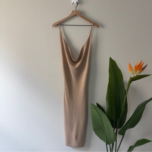 Revolve Superdown Tan fold shimmer Cowl Neck Slip Dress spaghetti strap metallic