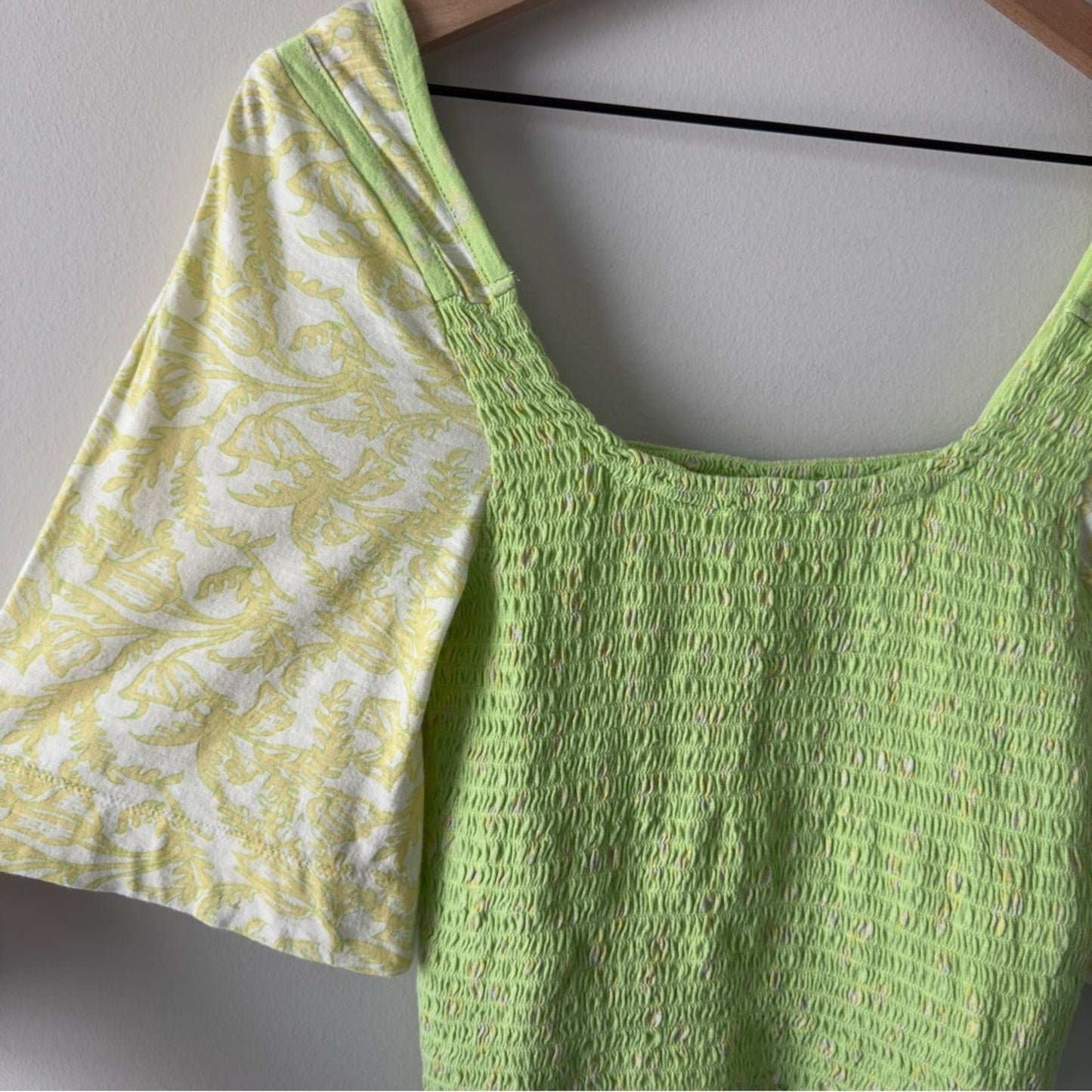 Free People Marigold Top in Key Lime Combo Smocked half Sleeve Cropped top green