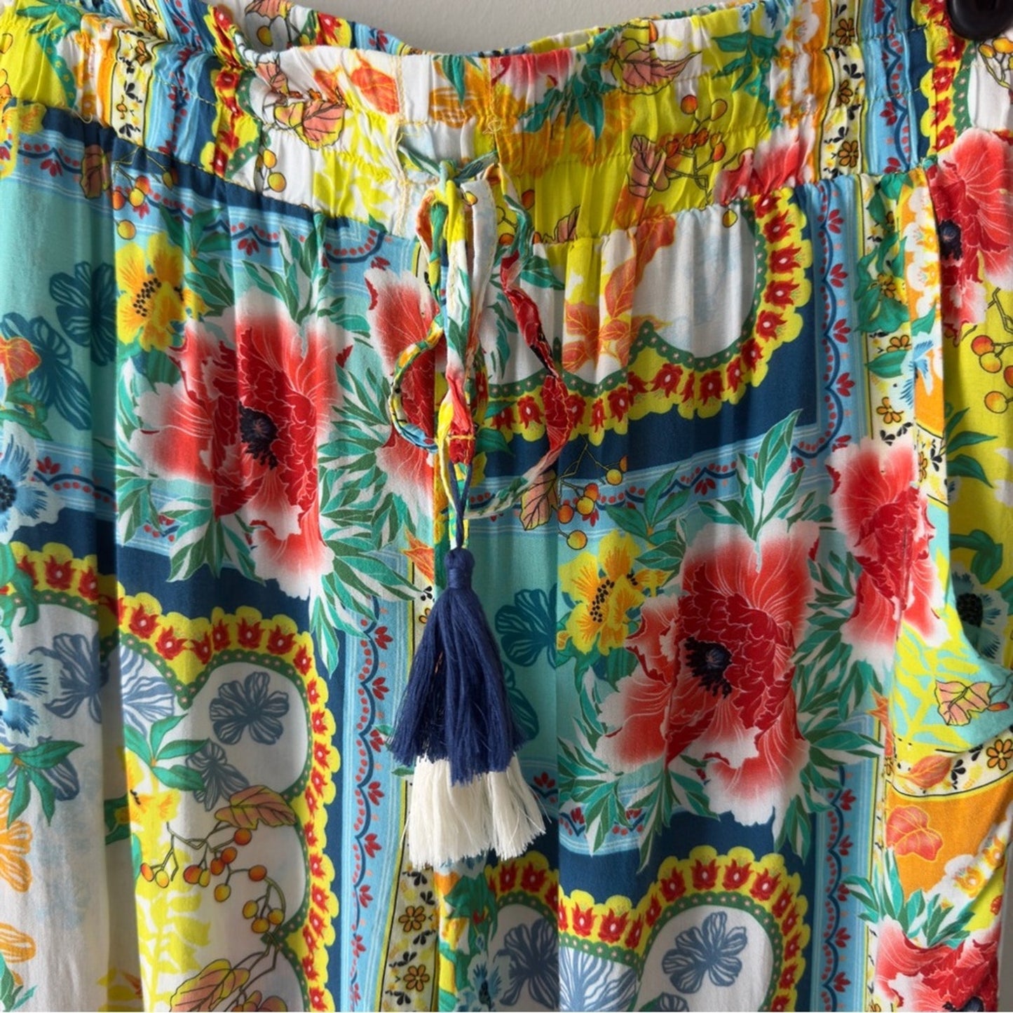 Cia. Maritima Floral Print Women's Pants Boho Bohemian Hippie Tassel Drawstring