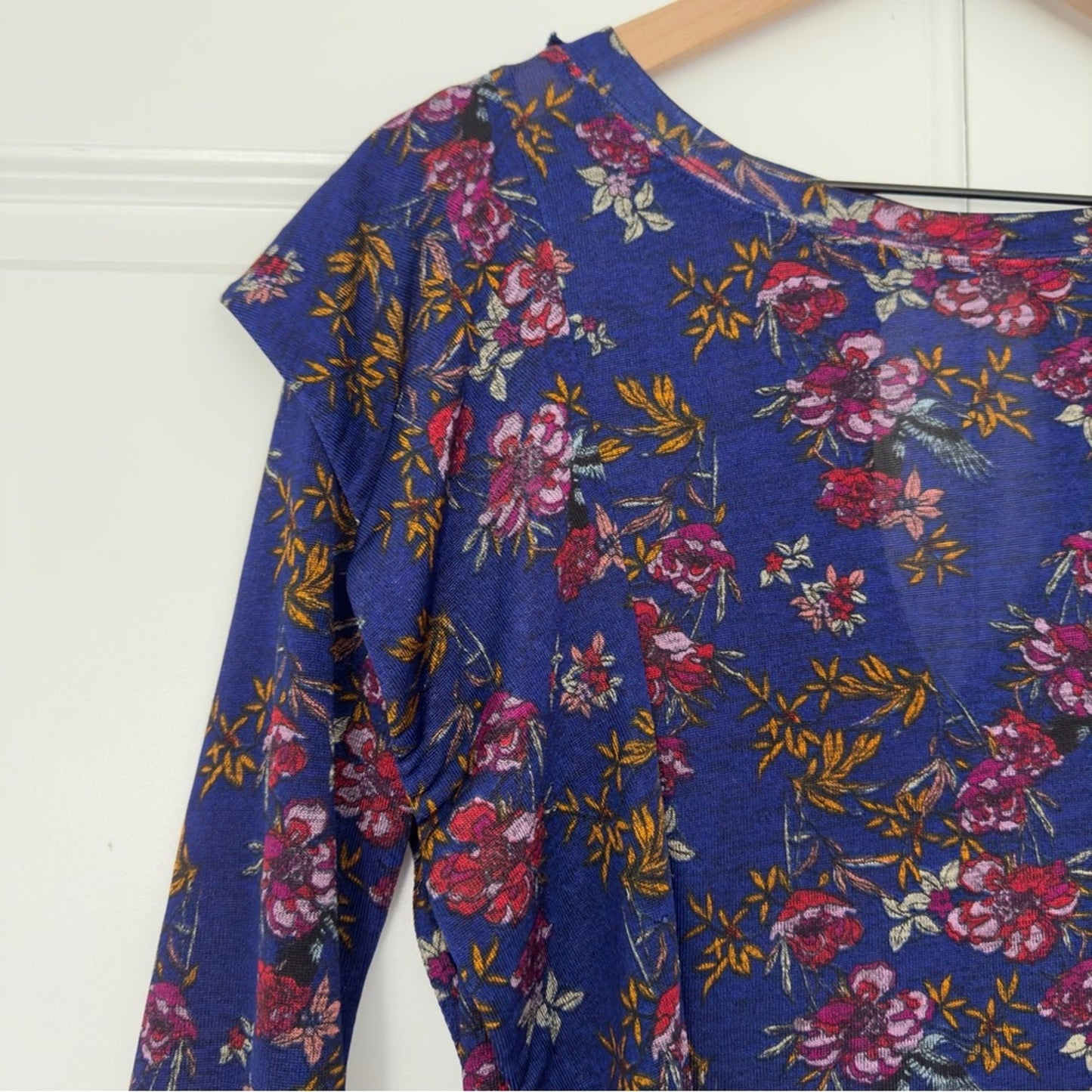 Free People Dock Street Top Ruffle Floral 3/4 Sleeve Top Button Keyhole Back XS