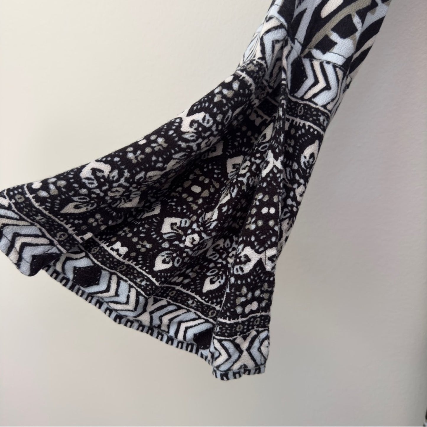 Free People Tegan Border Print Mini Dress Long Bell Sleeves Cutout V-Neck A-Line