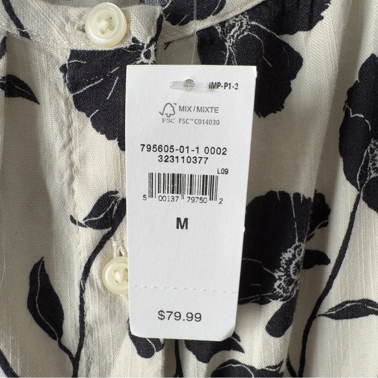 GAP Tie-Waist Scoopneck Midi Dress in White Black Floral Button Down Front M NWT