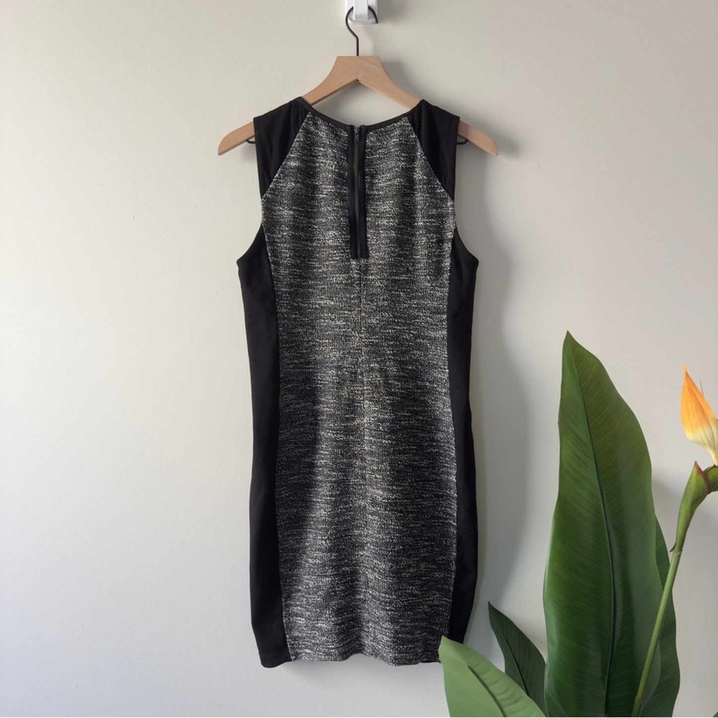 Eileen Fisher Sleeveless Sheath Black White Tweed Dress zip cotton mini zip up M