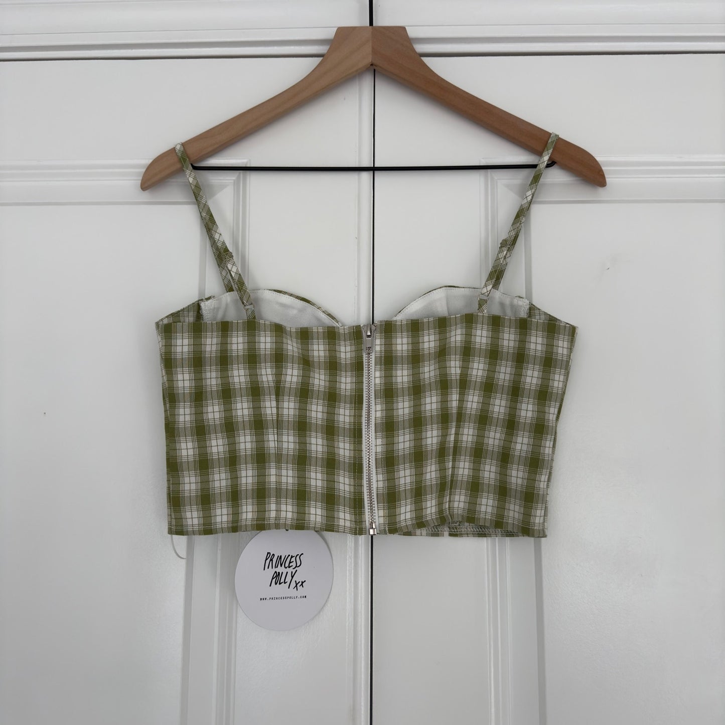 Princess Polly Tuscan Top Green plaid adjustable spaghetti strap sweetheart neck