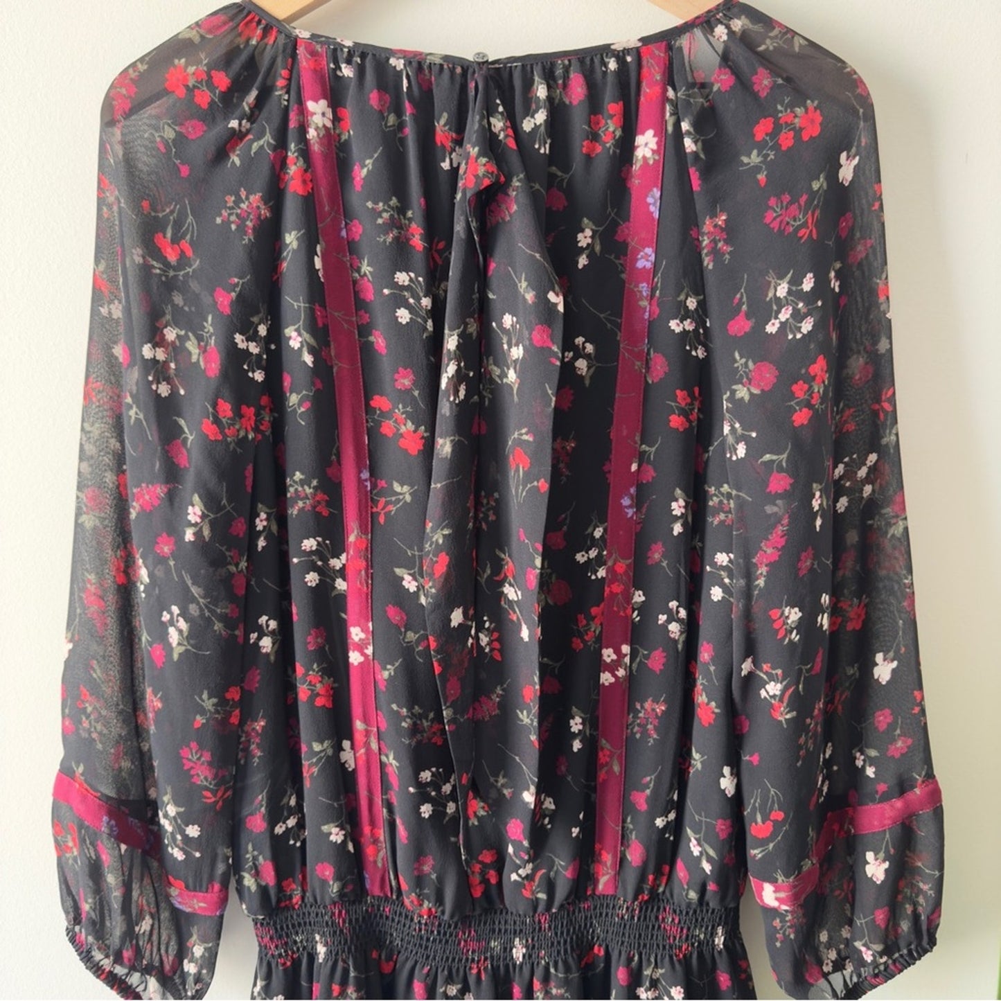 Joie Elegant Silk Dress smocked drop waist black red floral button up lined EUC