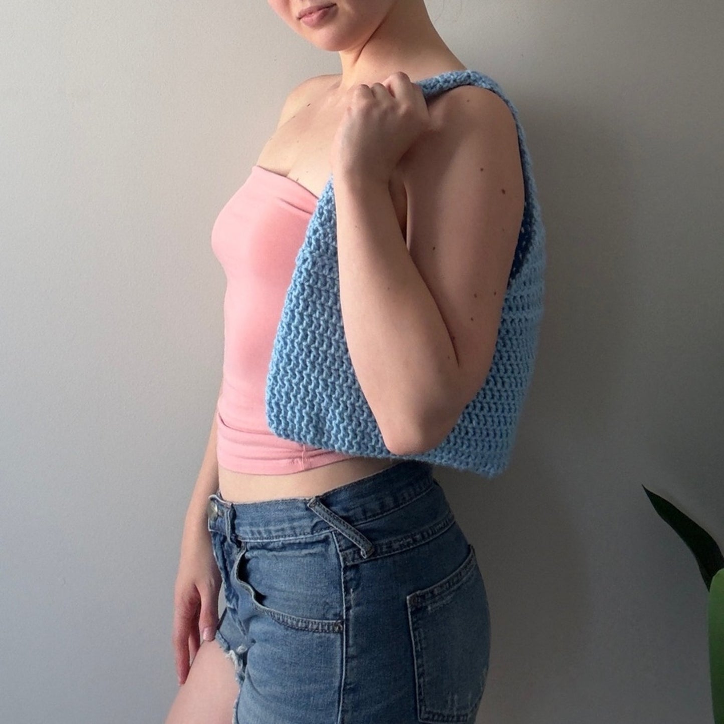 Handmade Crochet Y2K Light Blue Shoulder Bag Solid Knit Cute Lightweight