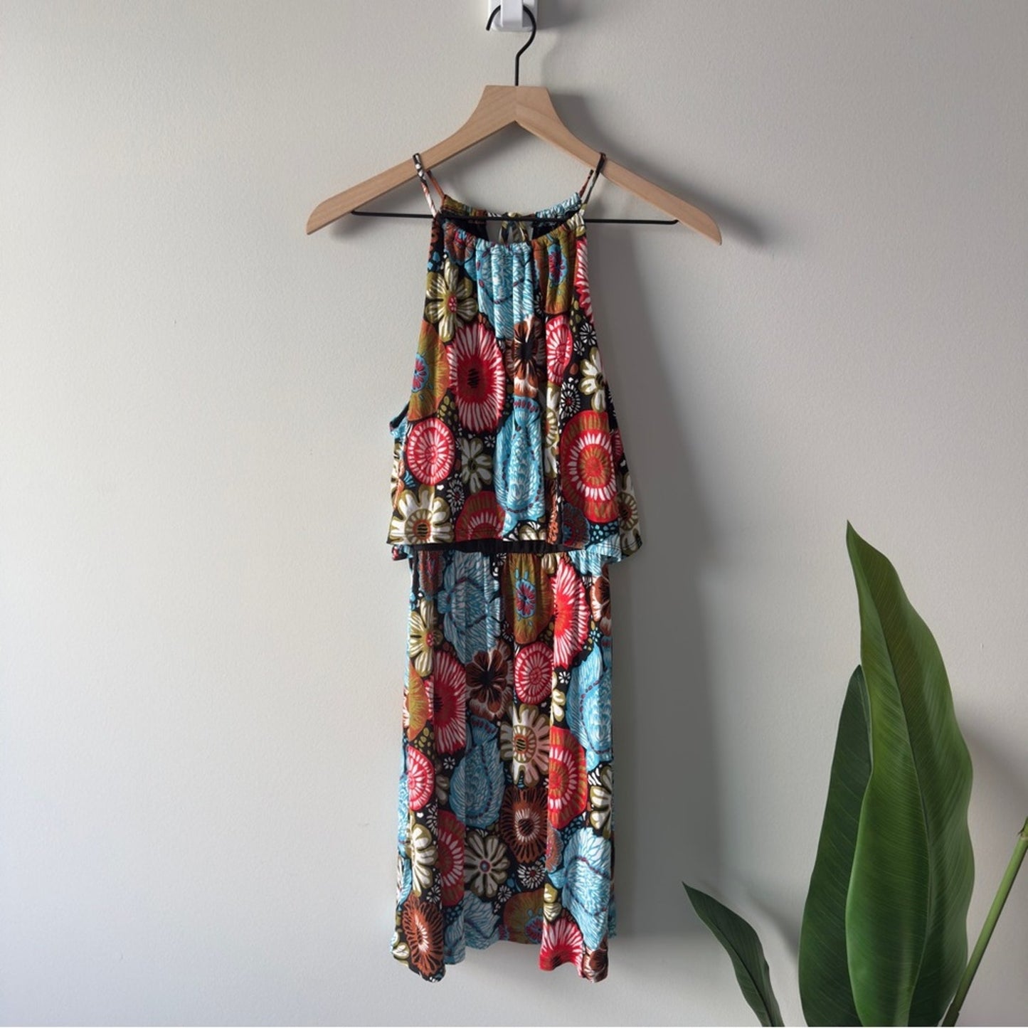 Loft Floral Halter Dress Mini tropical spaghetti strap tiered stretch summer NWT