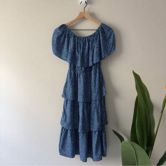 NWT Vernacular Off the Shoulder Blue White Polka Dot Dress Tiered Romantic Midi