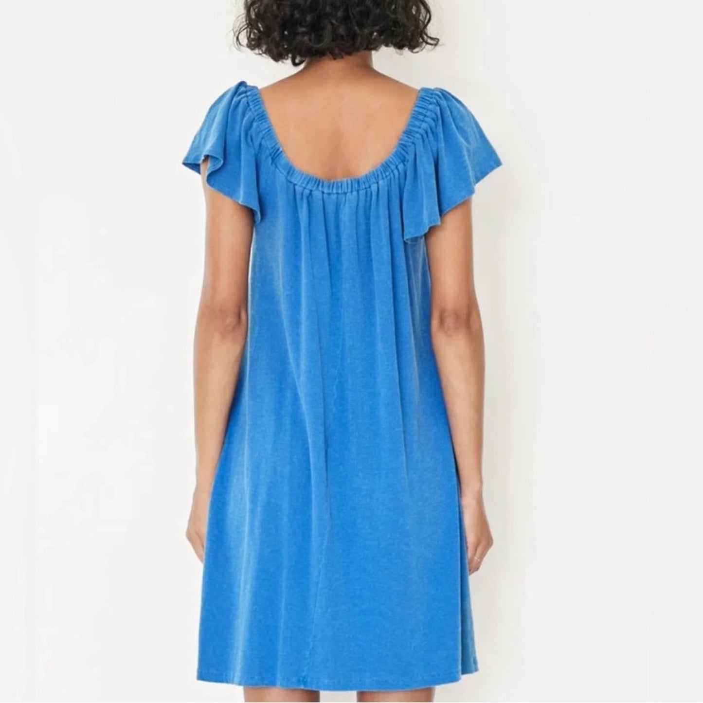 Sundry Mini Trapeze Dress Blue Square Neck Flutter Sleeve Sundress Cotton Summer