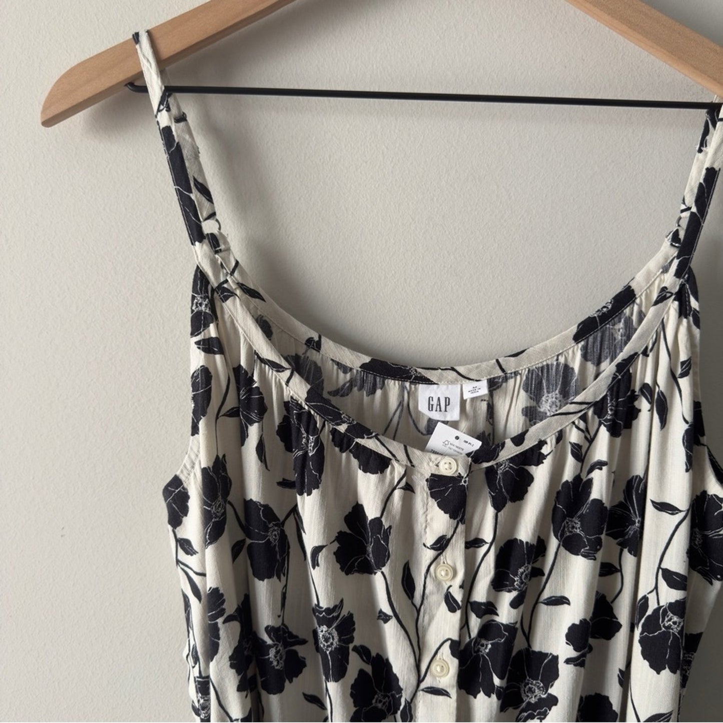 GAP Tie-Waist Scoopneck Midi Dress in White Black Floral Button Down Front M NWT