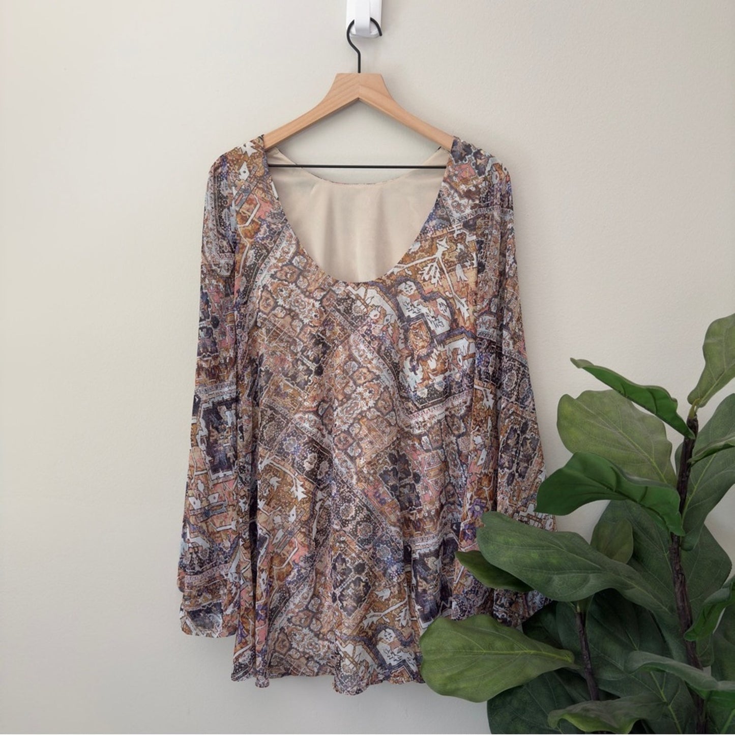 Show Me Your MuMu Sheer Bell Sleeve Boho Pattern Dress Mini Lined Bohemian Flowy