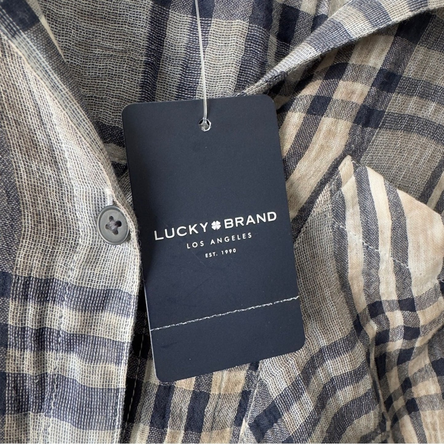 Lucky Brand 100% Cotton Navy gray Beige Plaid Button-Down Shirt Short sleeve NWT