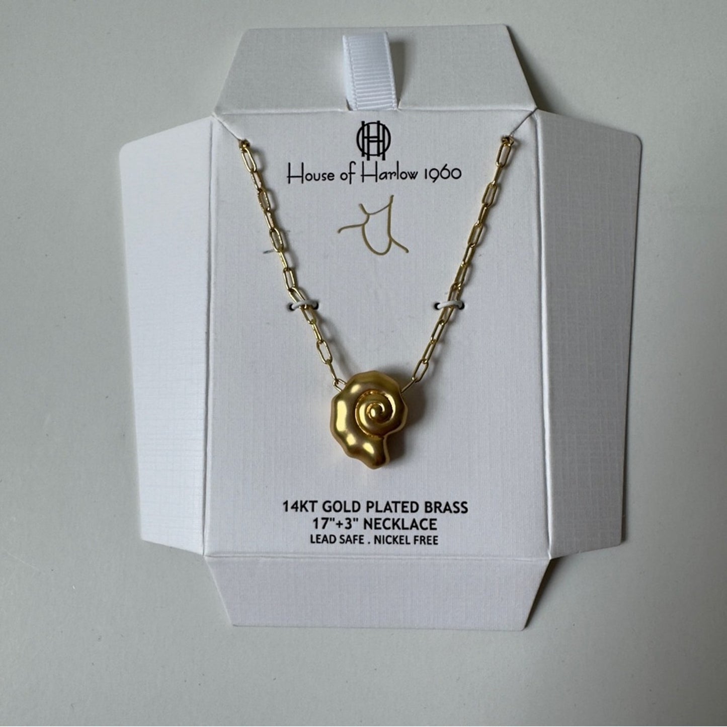 House of Harlow 1960 14KT Gold Pleated Brass Spiral Seashell Necklace Chain Hook