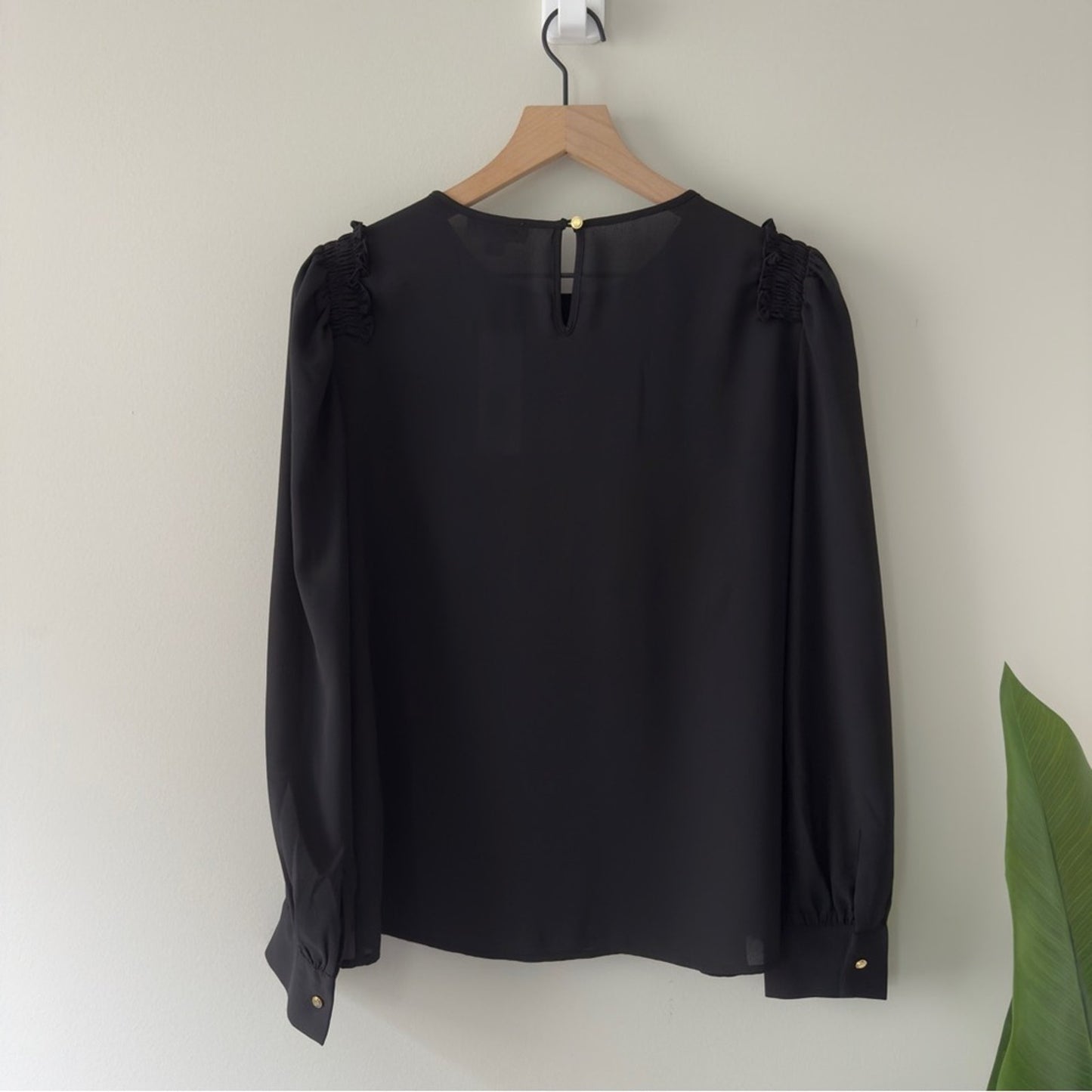 Calvin Klein Black Puff Sleeve Blouse Cuff Sleeves smocked ruffle button keyhole