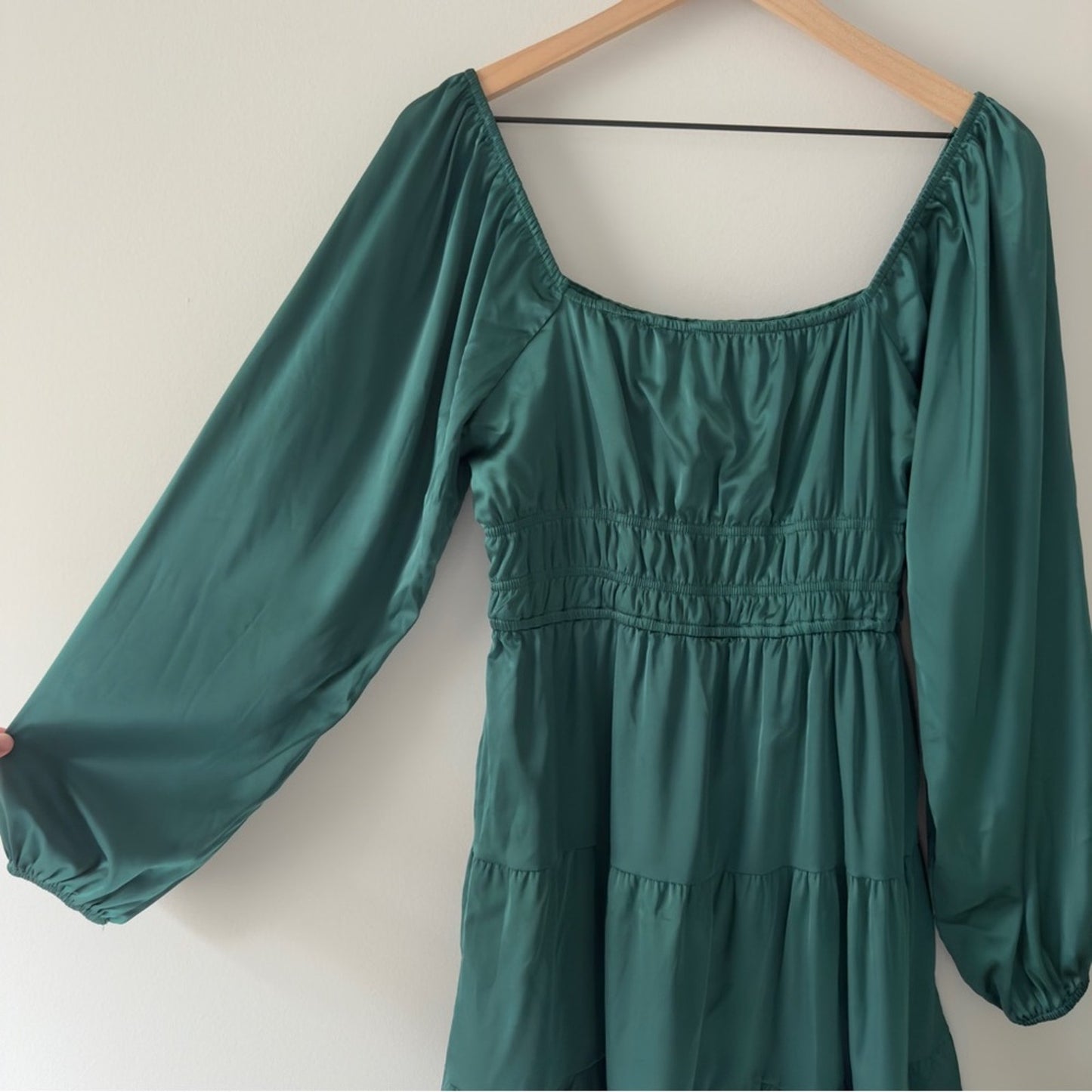 Altar’d State Emerald Green Long Sleeve Dress Tiered A-Lined Square Neck Ruched