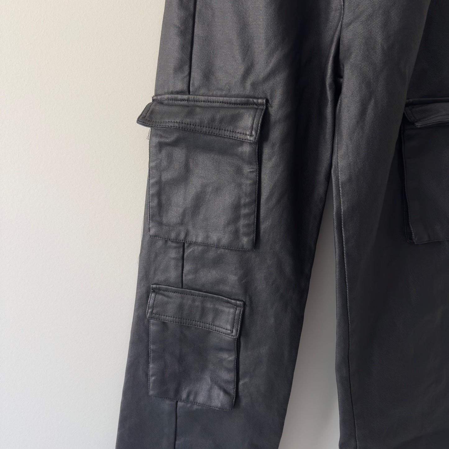 PrettyLittleThing Black Cargo Pocket Bandeau Denim Faux Leather Jumpsuit Pockets
