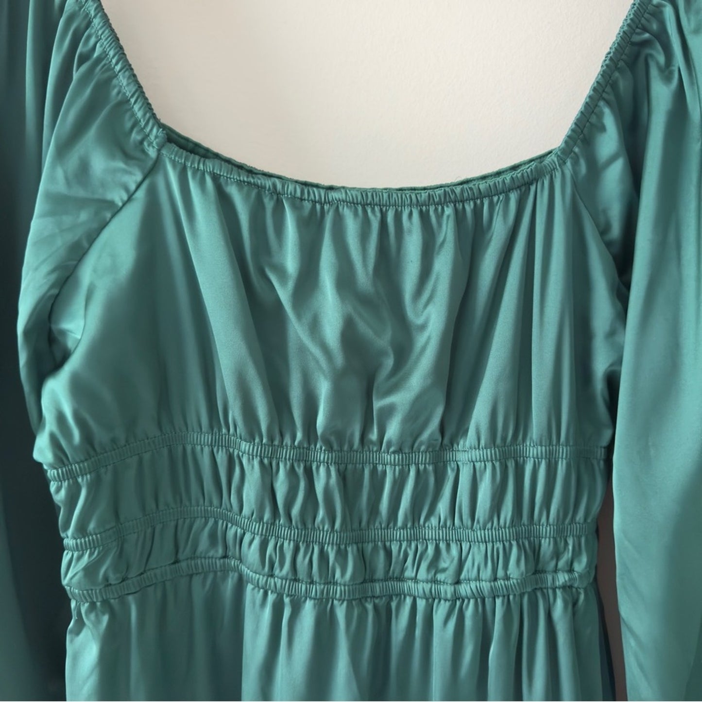 Altar’d State Emerald Green Long Sleeve Dress Tiered A-Lined Square Neck Ruched