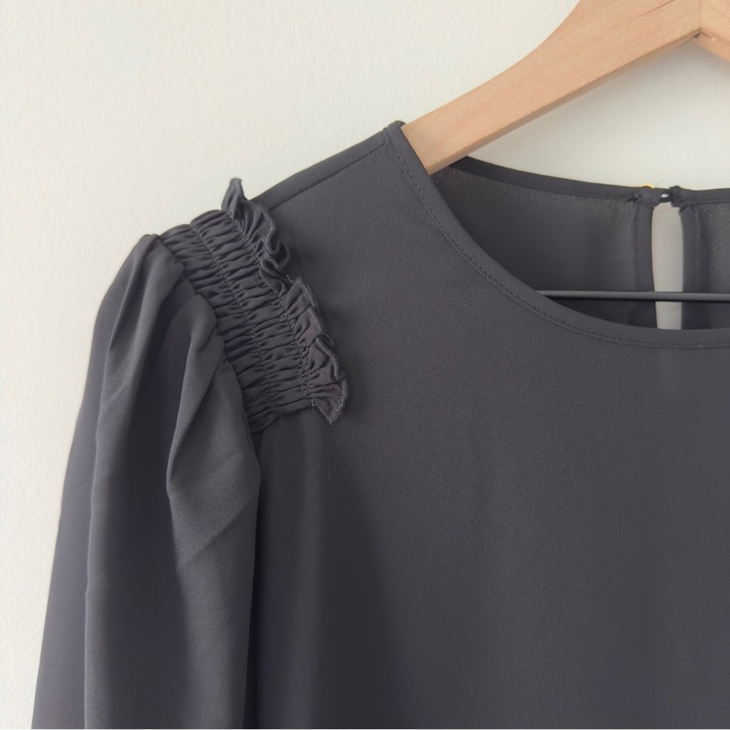 Calvin Klein Black Puff Sleeve Blouse Cuff Sleeves smocked ruffle button keyhole