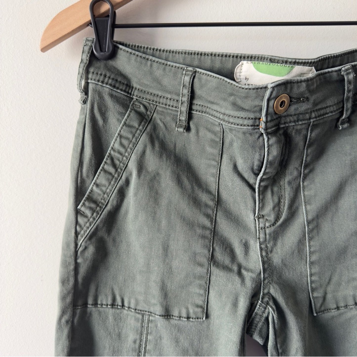 Anthropologie Olive Green Cargo Pants Skinny Cotton Stretch Casual Pockets Zip