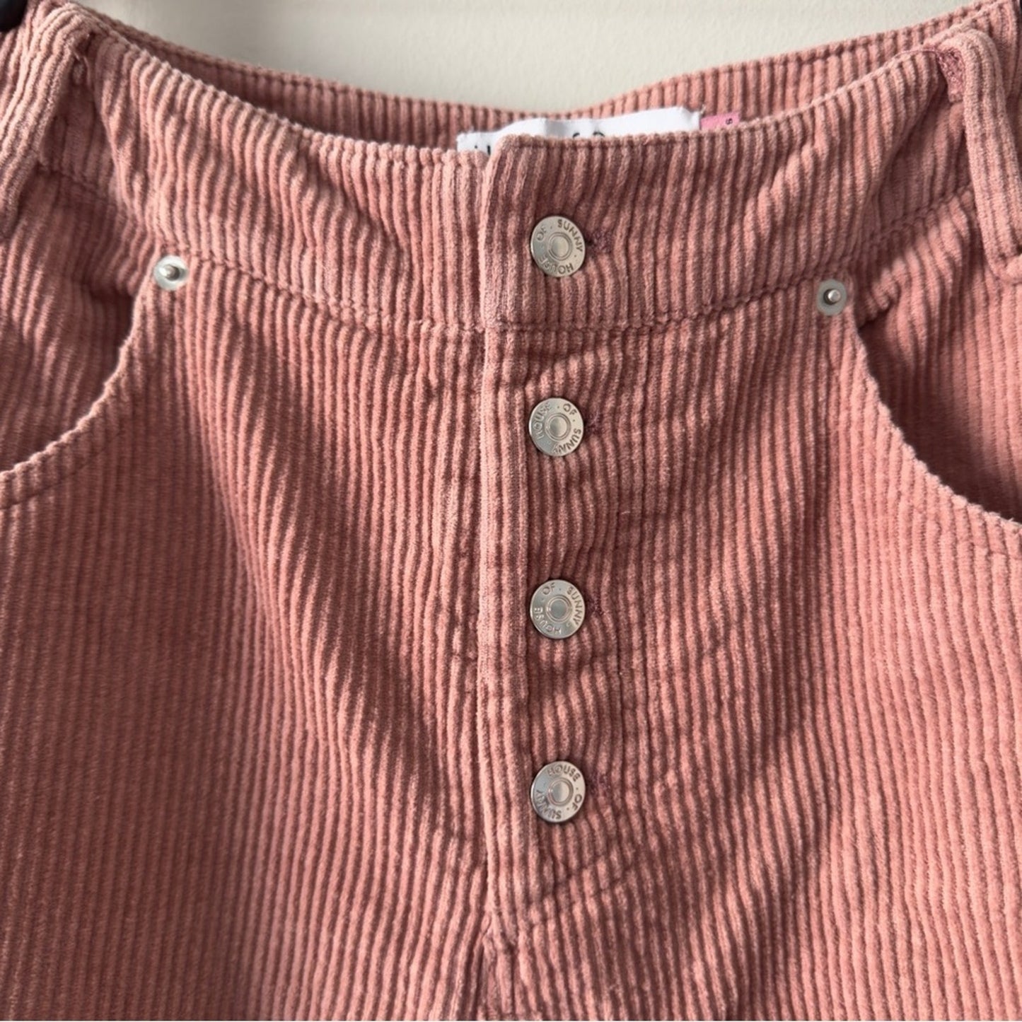 House of Sunny Pink Corduroy Pants Button Fly Ombre raw fringe hem pockets boho