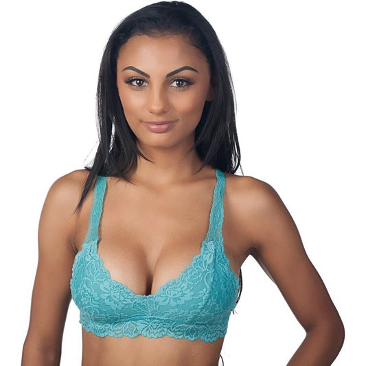 Anemone Floral Lace Scoop Bralette Racerback V-neck Sexy Romantic Turquoise M/L