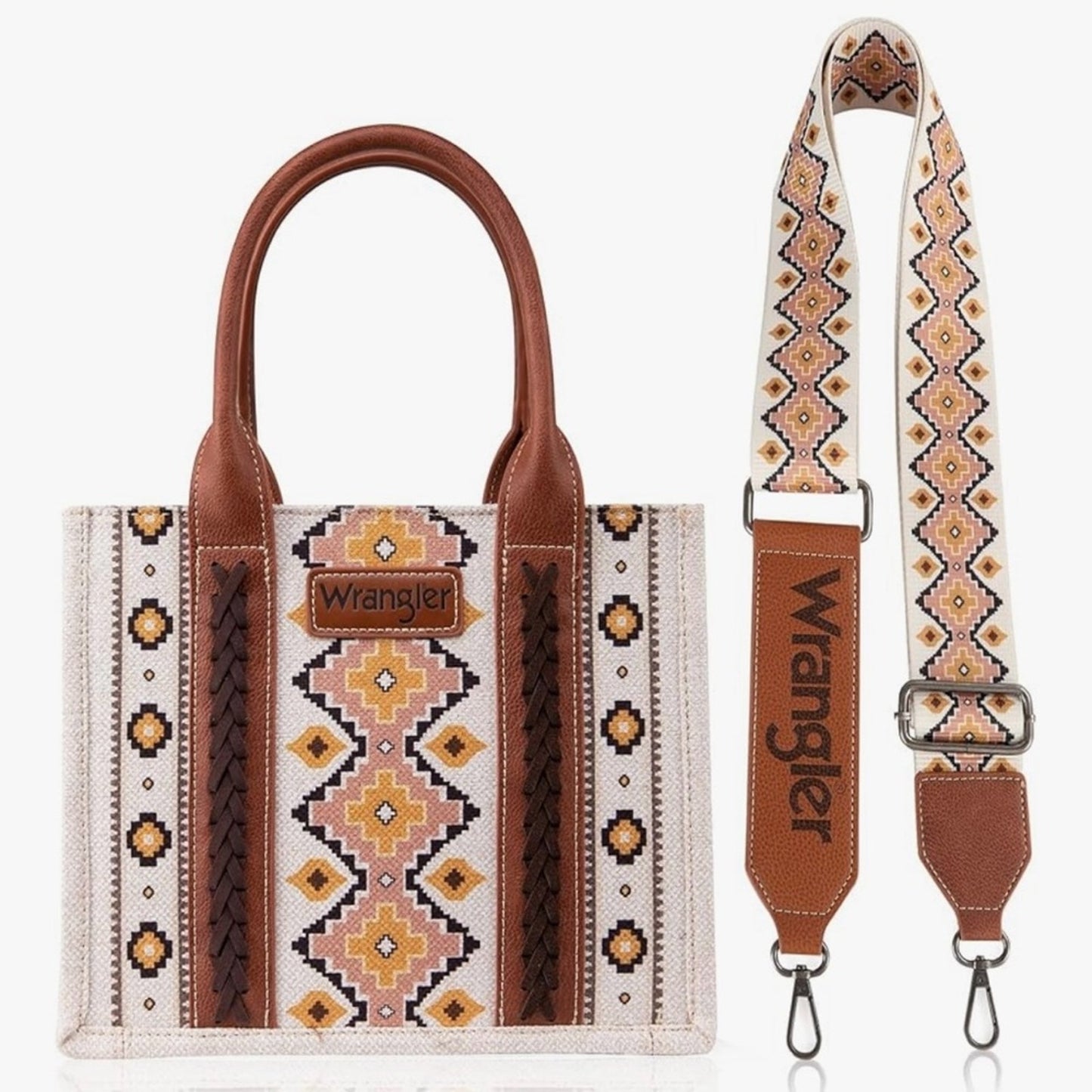 Wrangler Tote Bag Aztec Print Boho Brown Southwestern Faux Leather Zipper Pocket