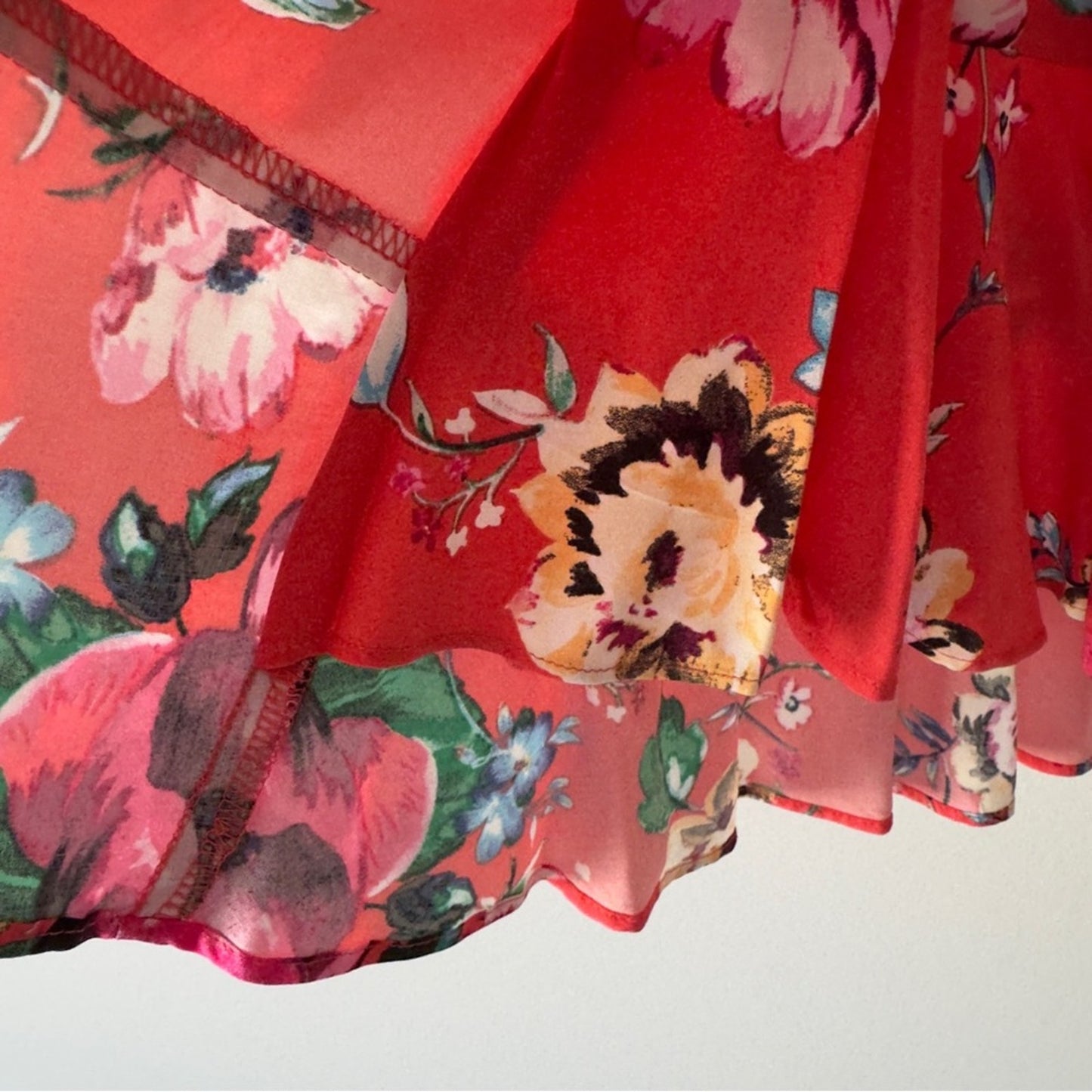 Express Floral Mini Faux Rap Dress adjustable spaghetti straps tropical ruffle M