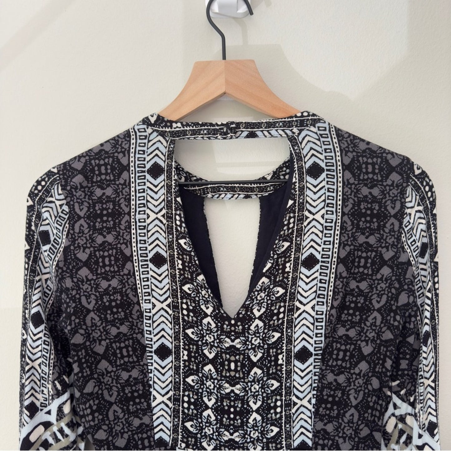 Free People Tegan Border Print Mini Dress Long Bell Sleeves Cutout V-Neck A-Line