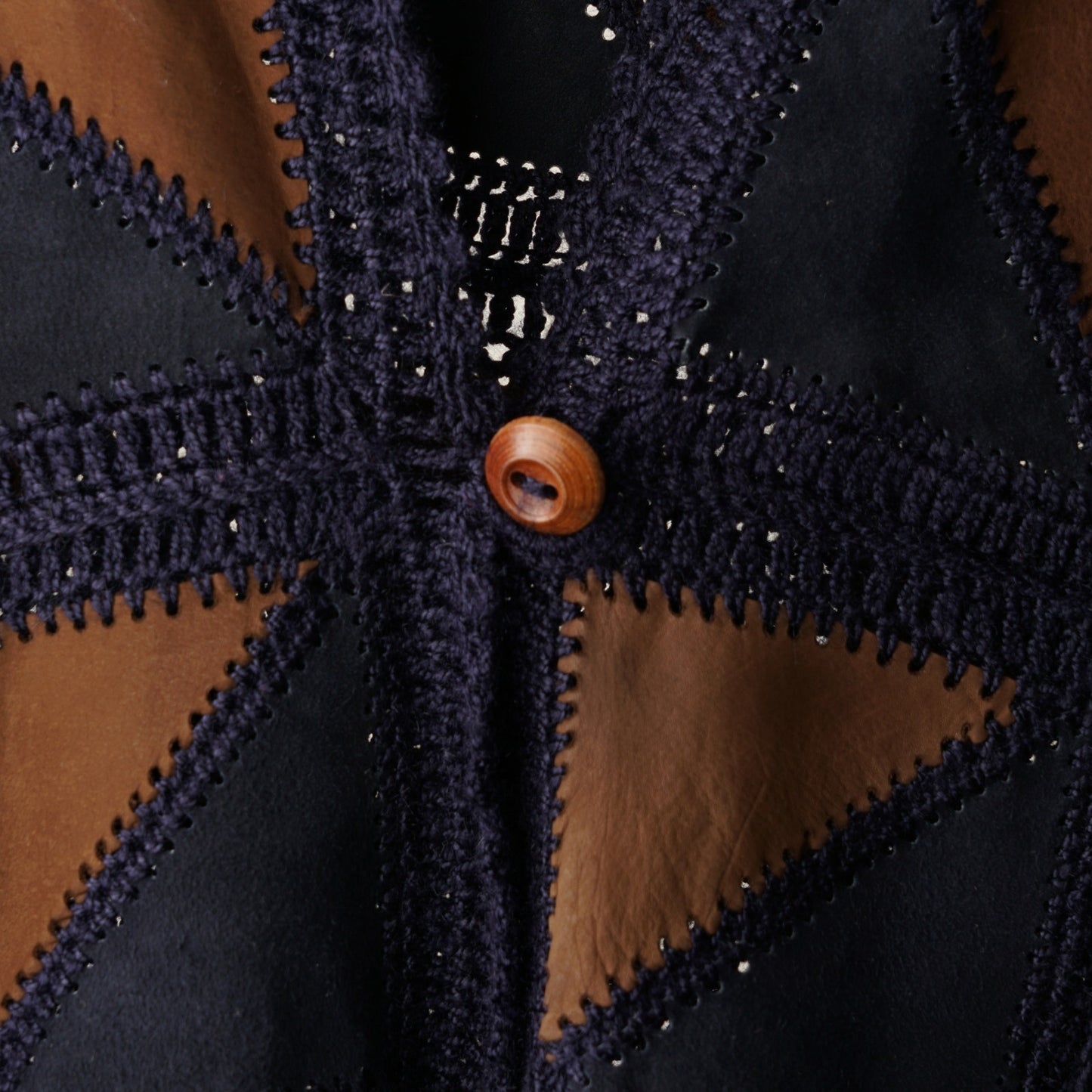 Vintage 1970s Suede Crochet Patchwork Vest Wooden Buttons Triangle Sleeveless