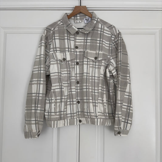 Princess Polly Brielle Denim Jacket in Beige Check Plaid Button Down 100% Cotton