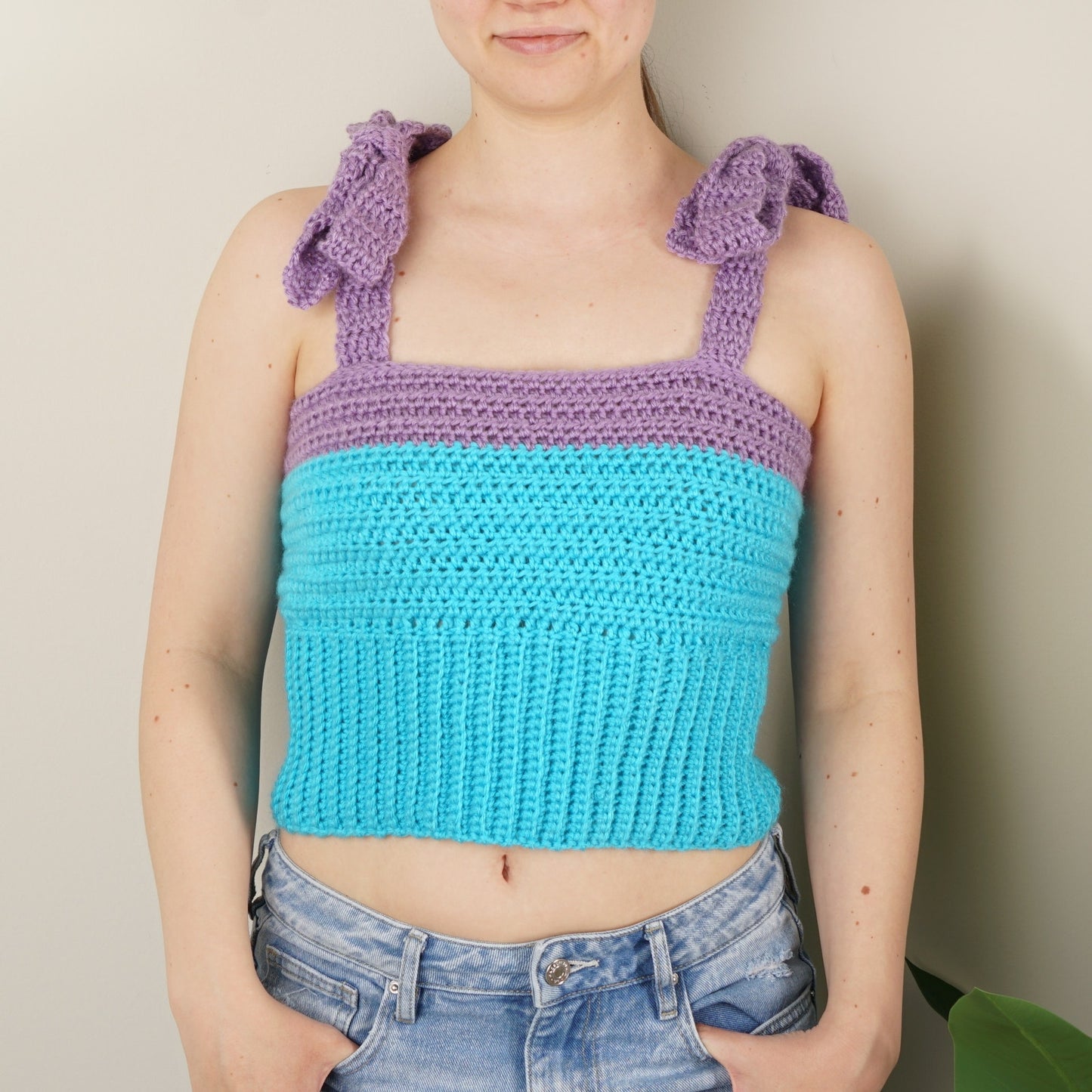 Handmade Crochet Babydoll Tank Top Crop Sleeveless Bows Cropped Colorblock S/M
