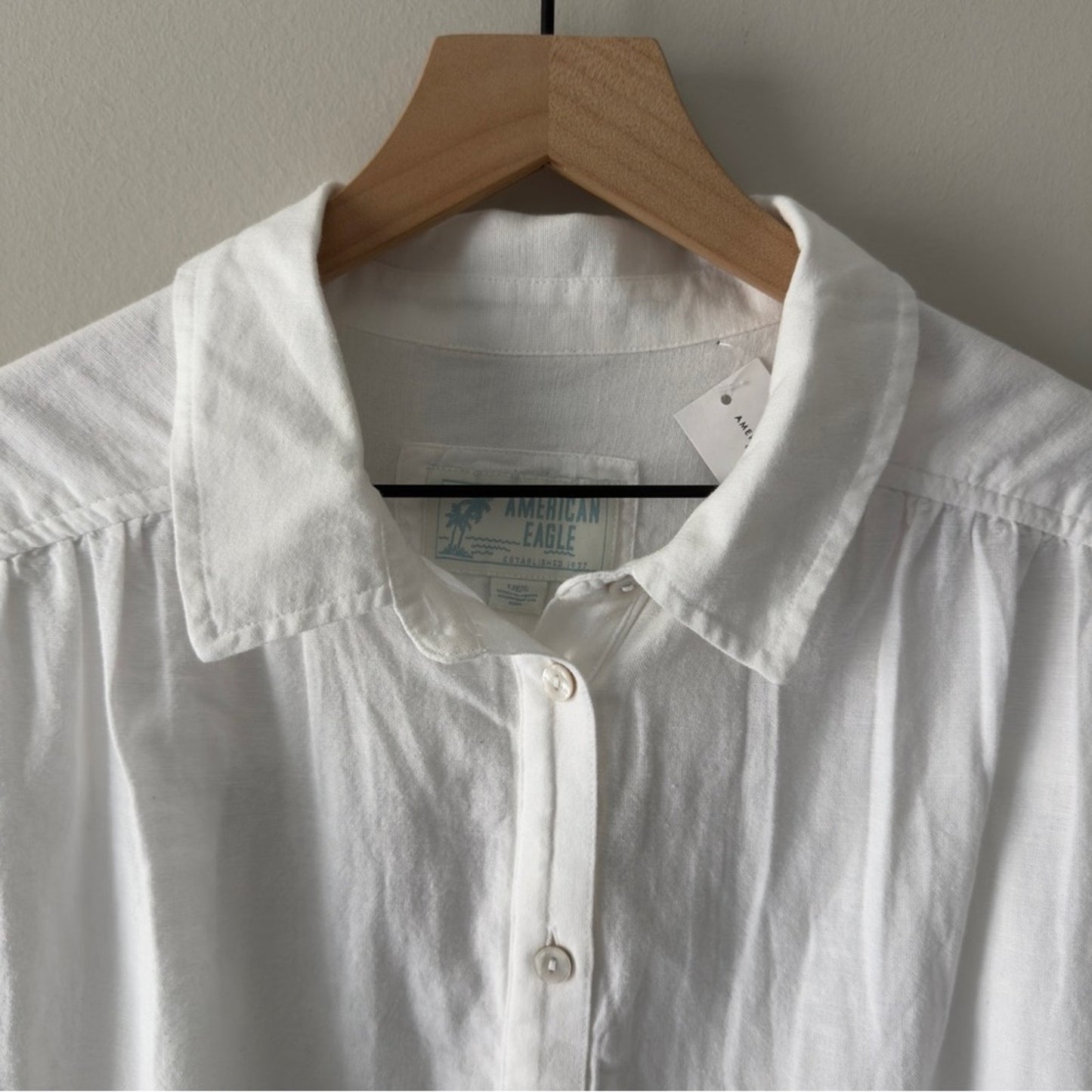 American Eagle Cotton Linen Blend White Button-Down Shirt Lace Hem Collared NWT