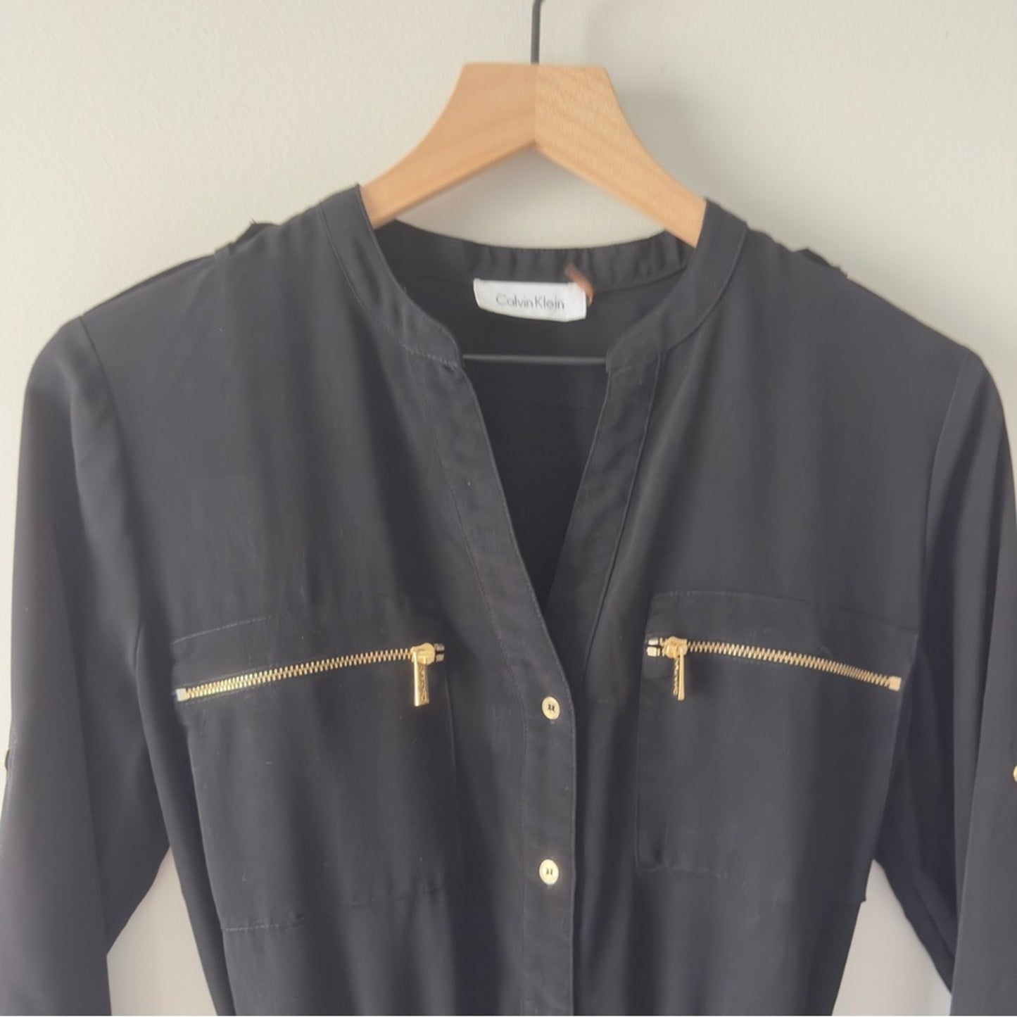 Calvin Klein Black Button-Up Front Jumpsuit Gold Accents Zipper Pockets Tie Belt