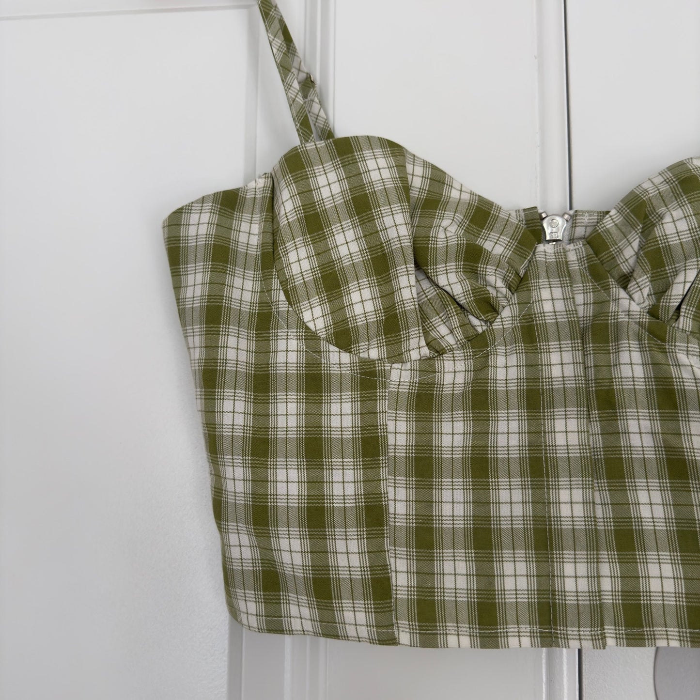 Princess Polly Tuscan Top Green plaid adjustable spaghetti strap sweetheart neck