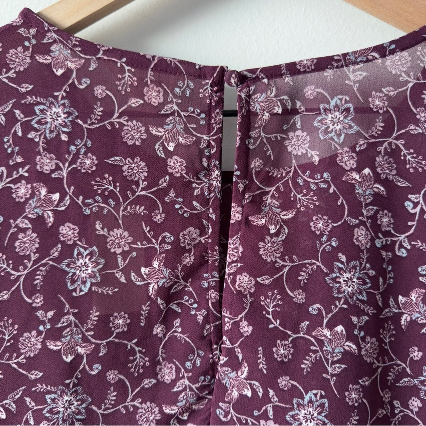 Aeropostale Floral Burgundy Babydoll Top sheer long bell sleeves keyhole button