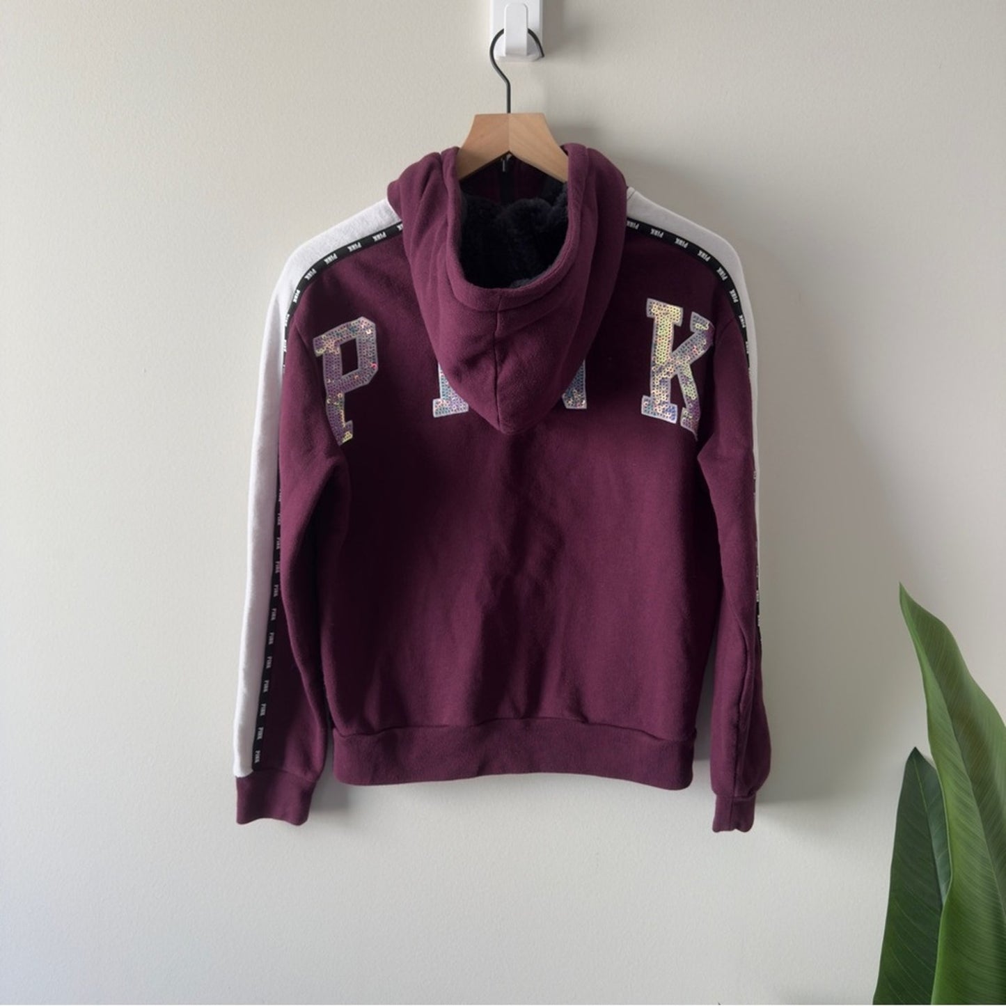 PINK Victoria's Secret Burgundy Full Zip Hoodie Sequin Dog Fleece Hood Jacket XS