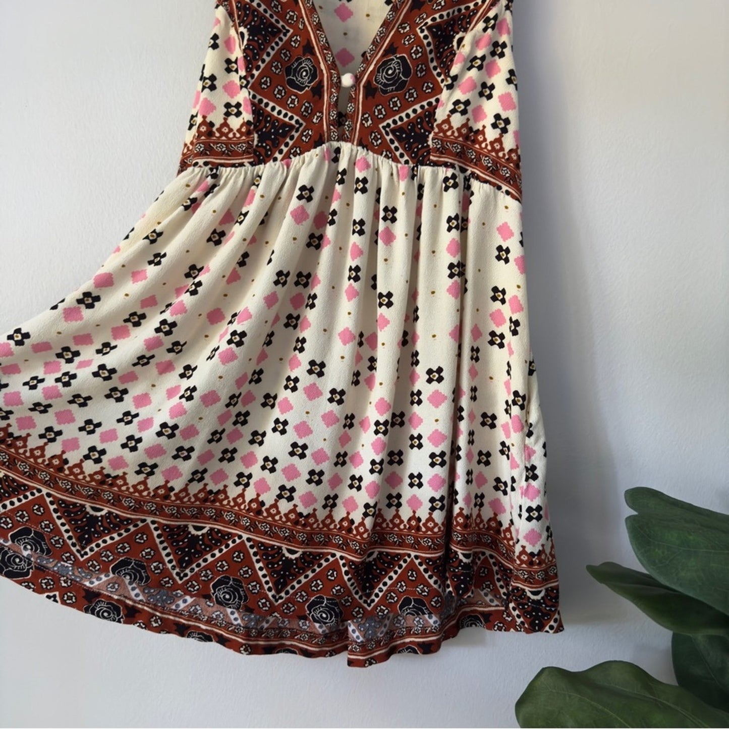 Free People Charlotte Tunic Top Tribal Print Boho Bohemian Collared Button Neck