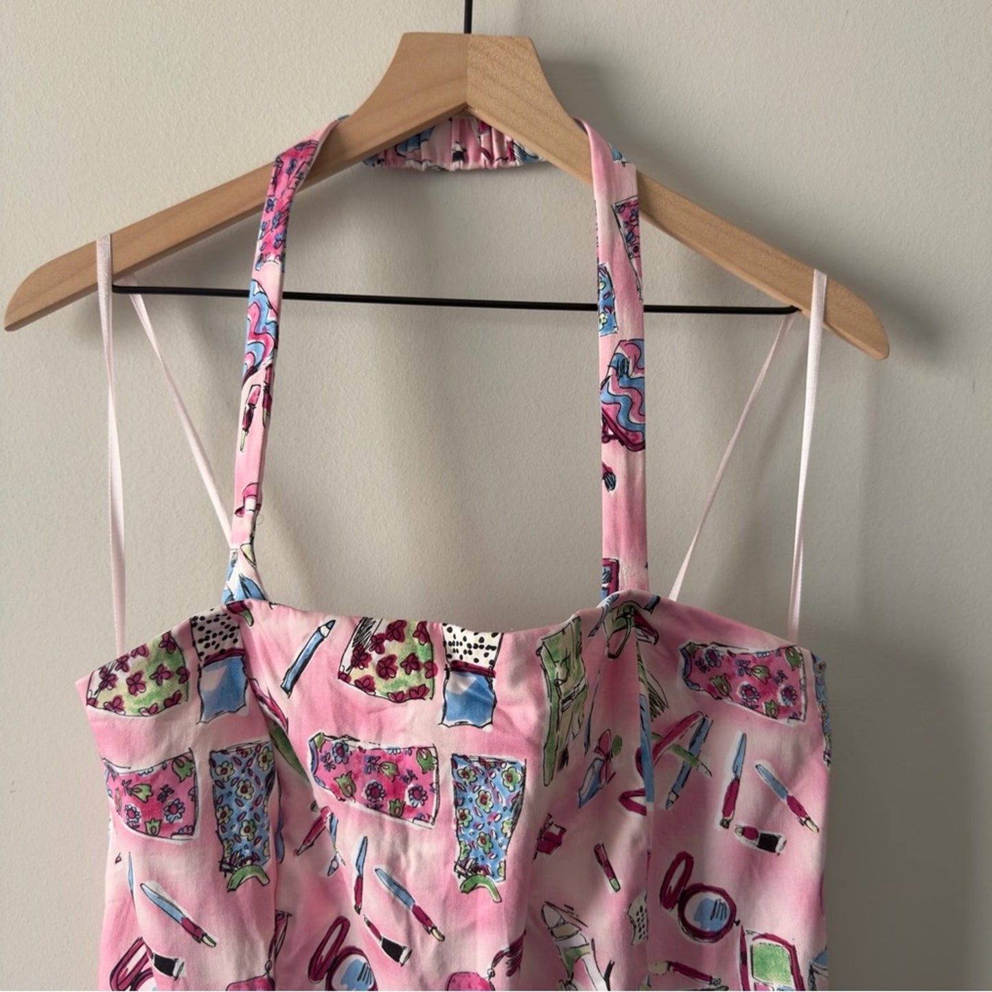 Vintage 90s–2000s Danny & Nicole Pink Patterned Halter Dress Girly Makeup Print